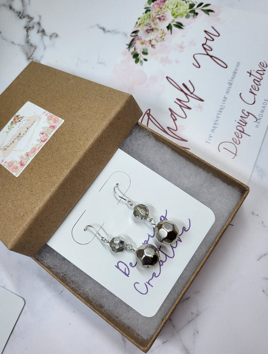 Silver Disco Ball Sparkle Bead Dangle Drop Hook Handmade Earrings