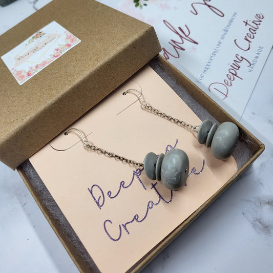 Grey Stacking Bead Dangle Drop Silver Oval Chain Earrings Handmade