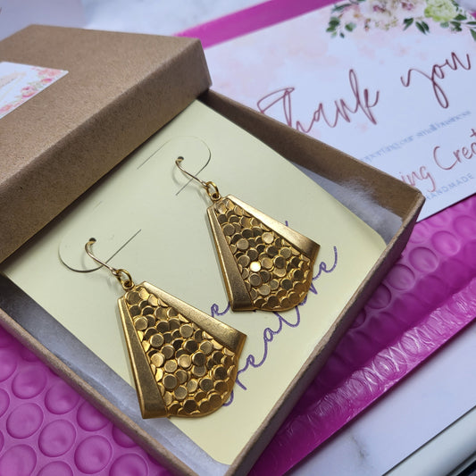 Mermaid Brass Art Deco Triangle Gold Hook Dangle Drop Handmade Earrings