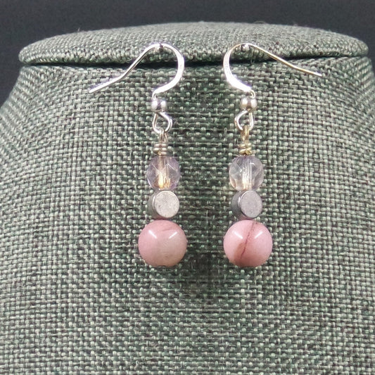 Pink Silver Dangle Bead Earrings