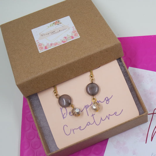 Purple Crystal Round Bead Gold Dangle Drop Hook Handmade Earrings