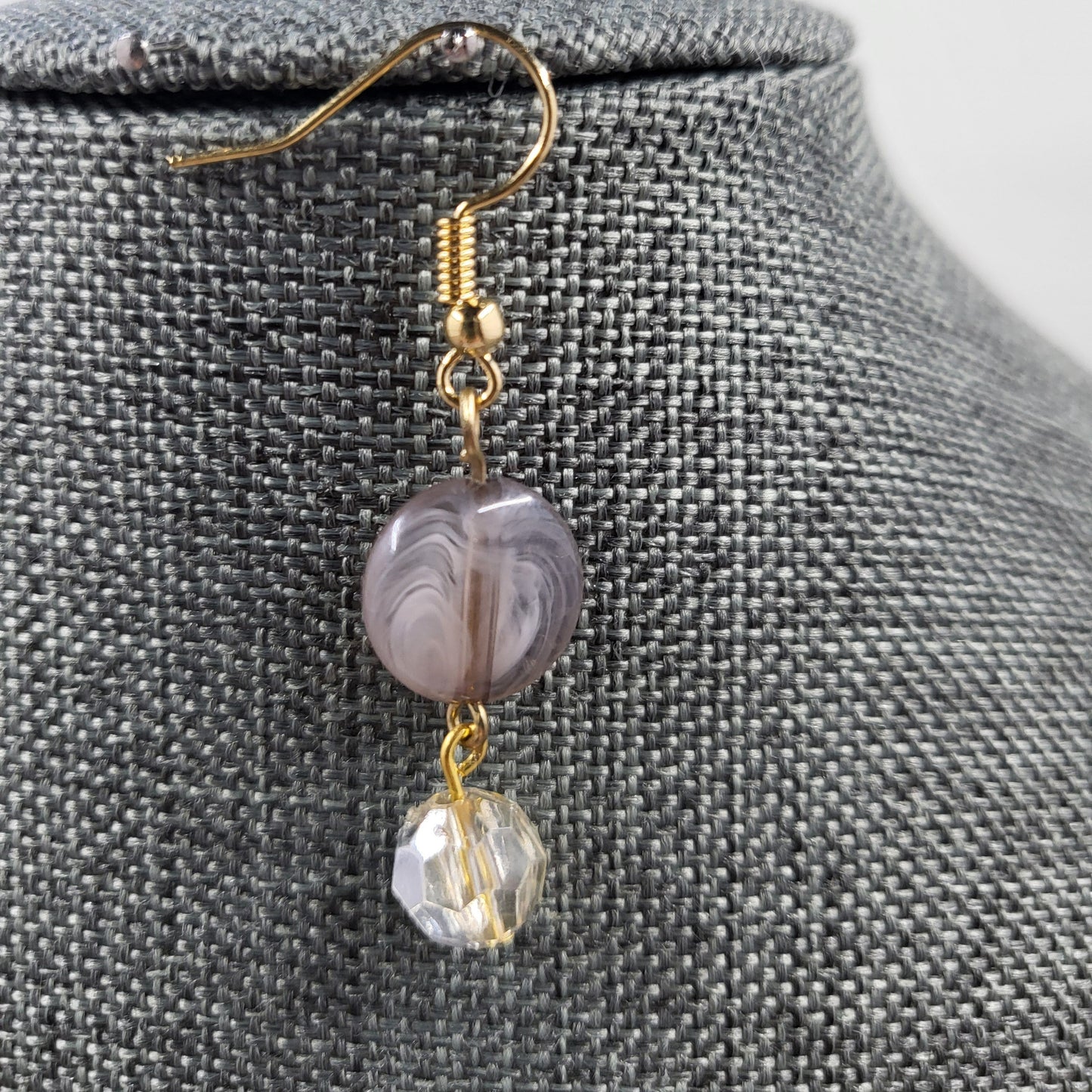 Purple Crystal Round Bead Gold Dangle Drop Hook Handmade Earrings