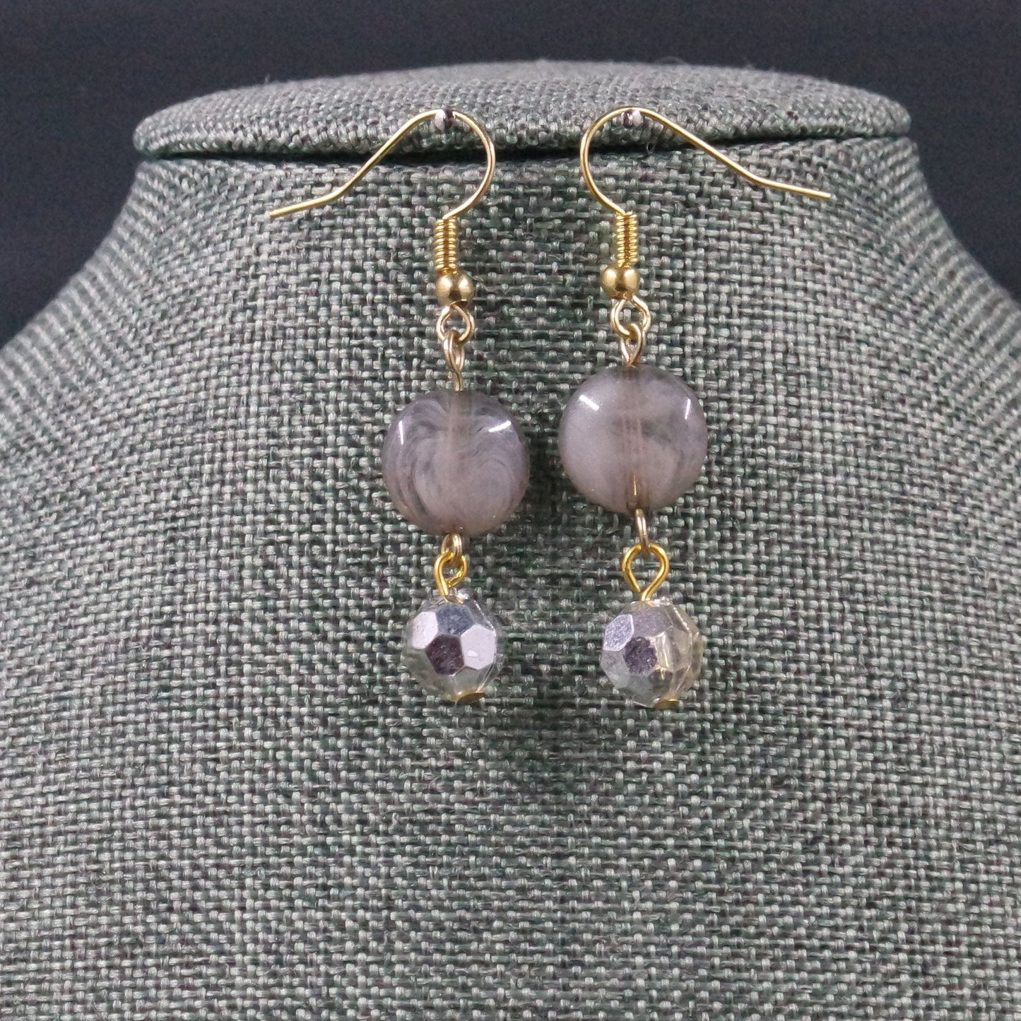 Purple Crystal Round Bead Gold Dangle Drop Hook Handmade Earrings