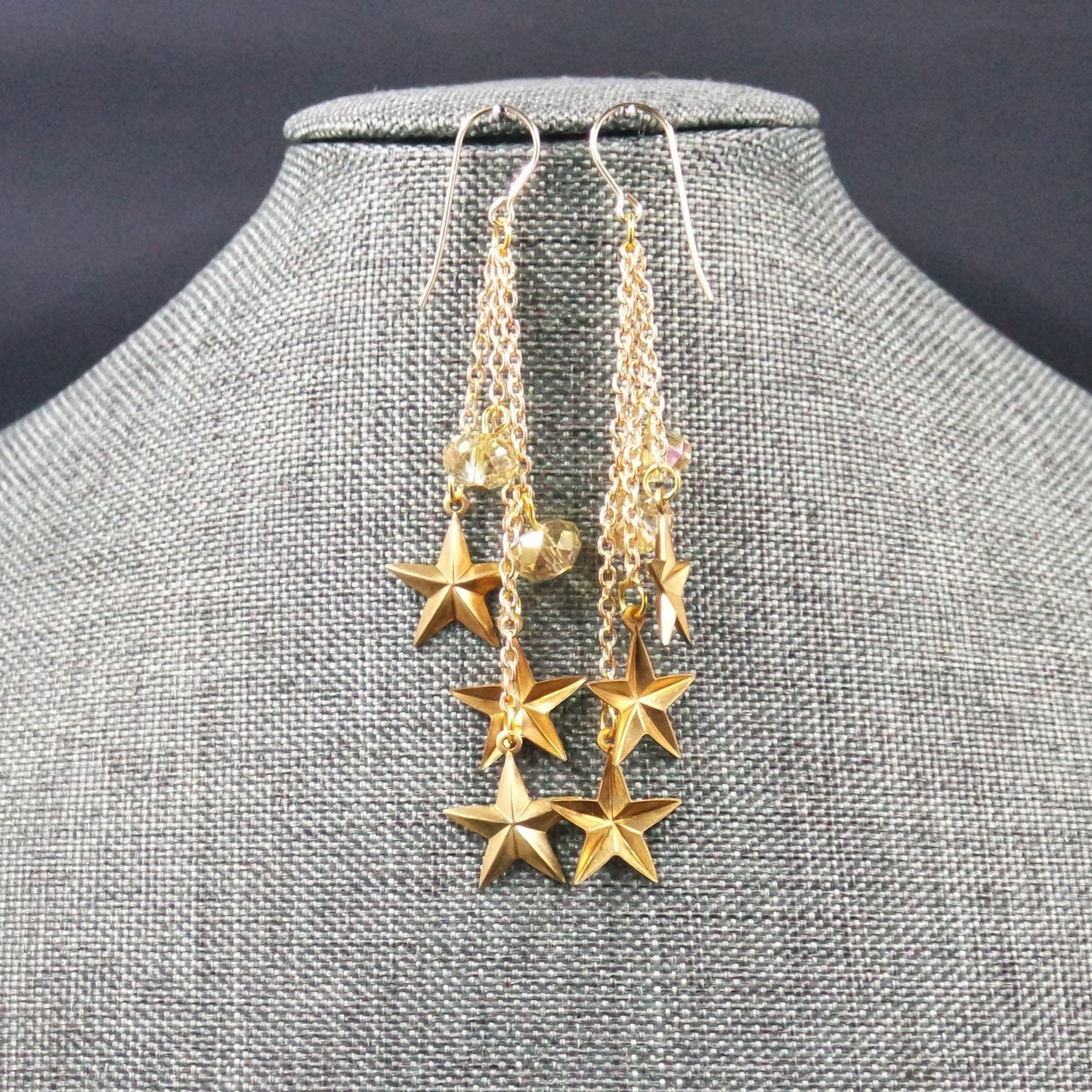 Triple Strand Star Brass Stamped Bead Chain Dangle Drop Earrings