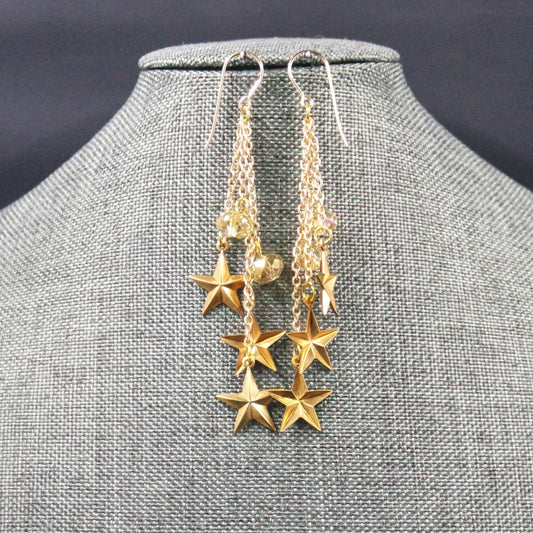 Triple Strand Star Brass Stamped Bead Chain Dangle Drop Earrings