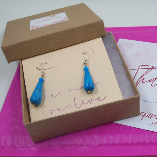 Turquoise Teardrop Stone Bead Silver Hook Dangle Drop Elegant Earrings