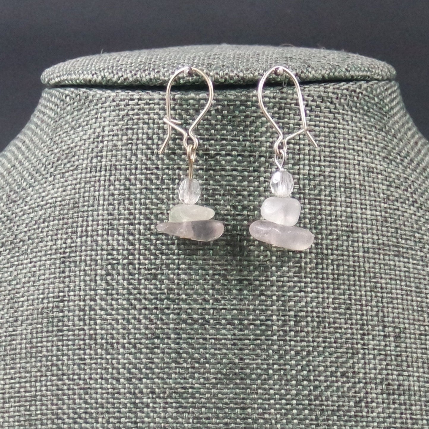 White Clear Sea Glass Bead Dangle Earrings