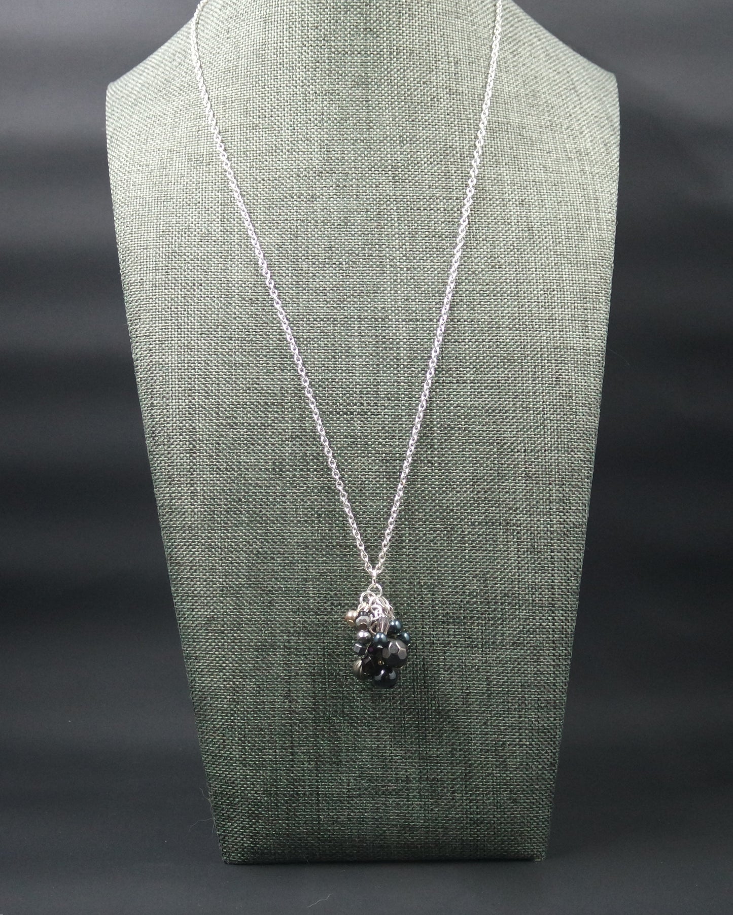 Black Grey Cluster Bead Pendant Silver Chain Necklace