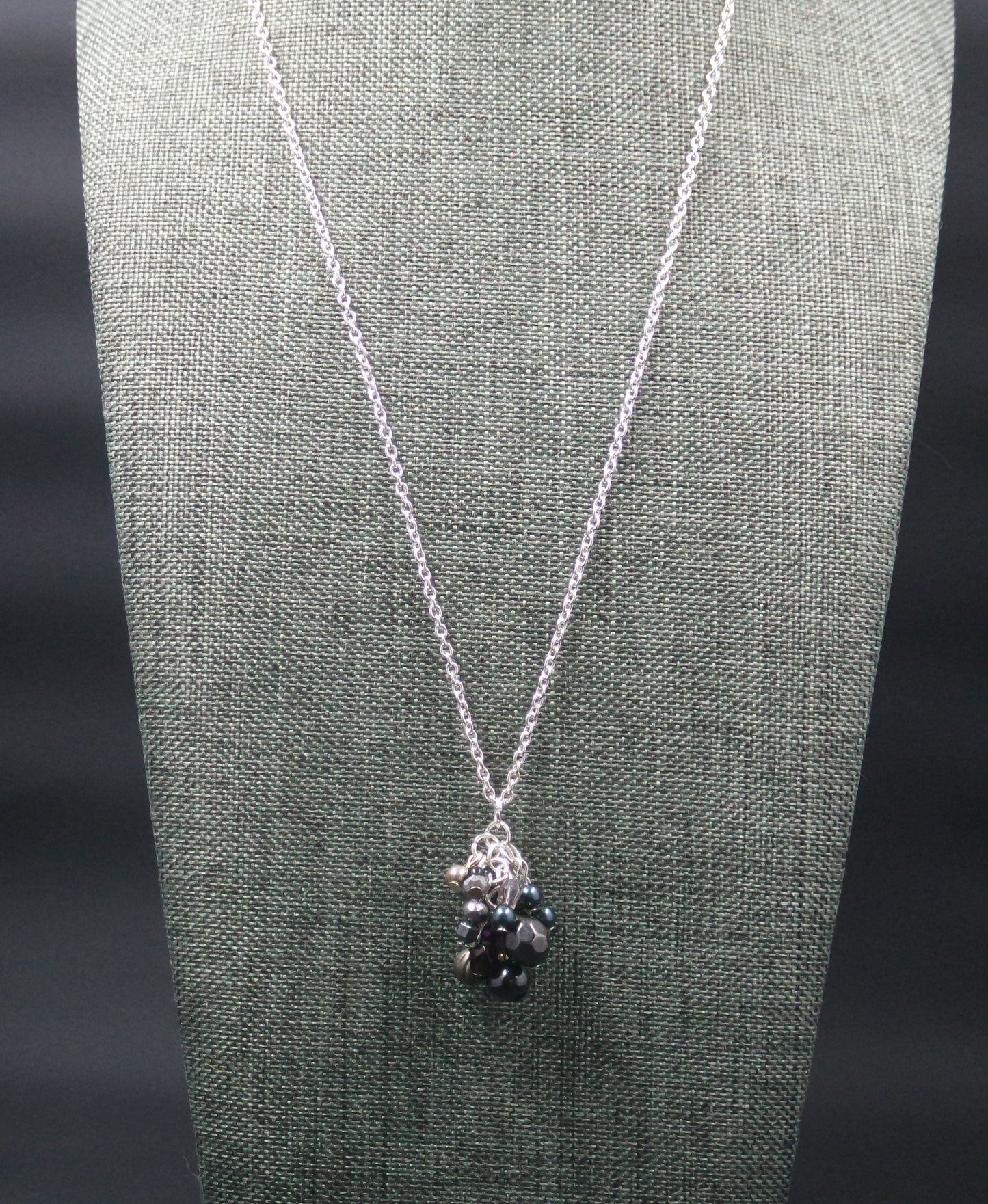 Black Grey Cluster Bead Pendant Silver Chain Necklace