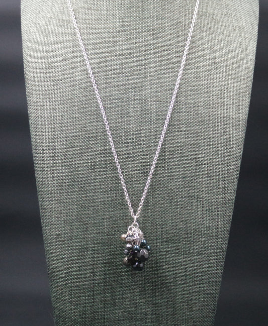 Black Grey Cluster Bead Pendant Silver Chain Necklace