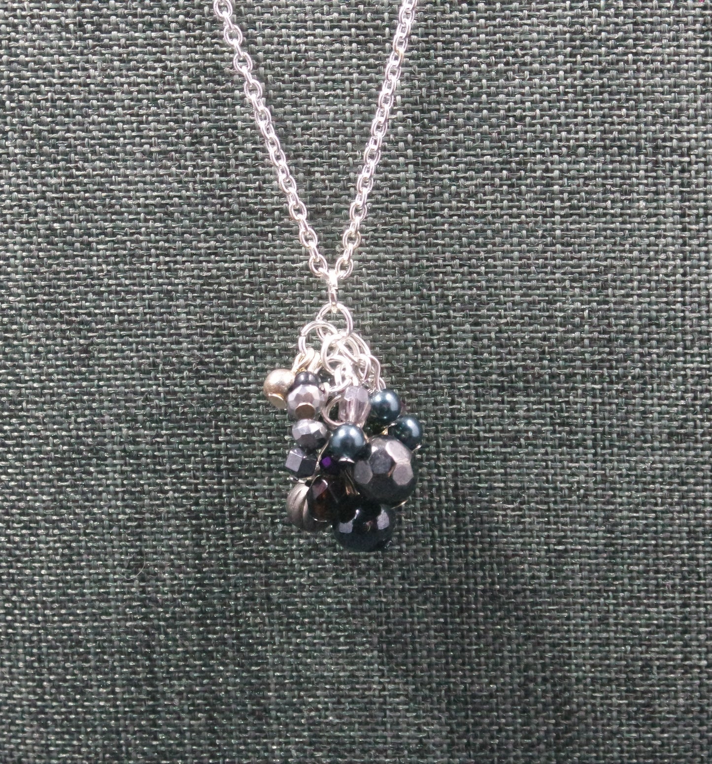 Black Grey Cluster Bead Pendant Silver Chain Necklace
