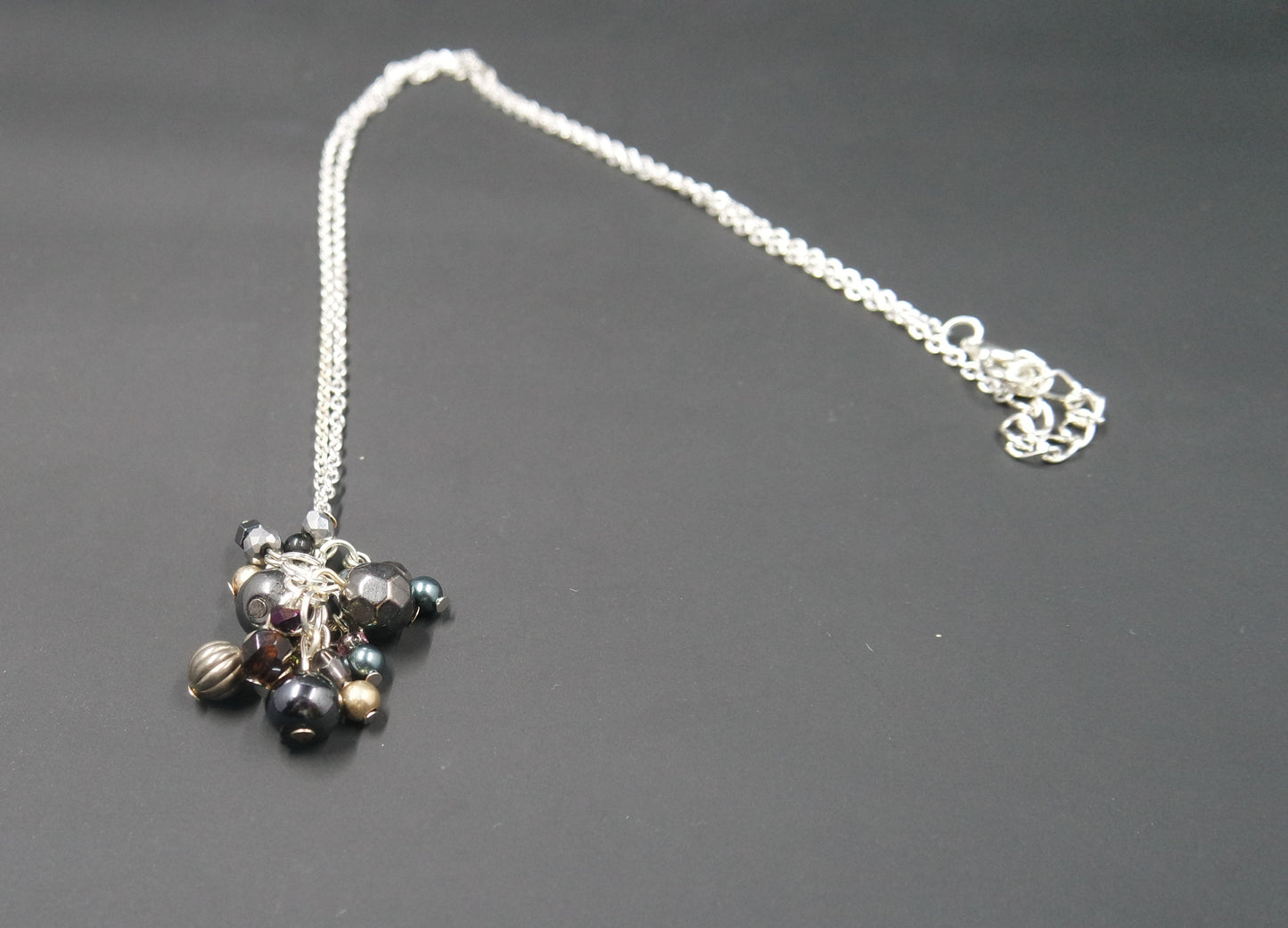 Black Grey Cluster Bead Pendant Silver Chain Necklace