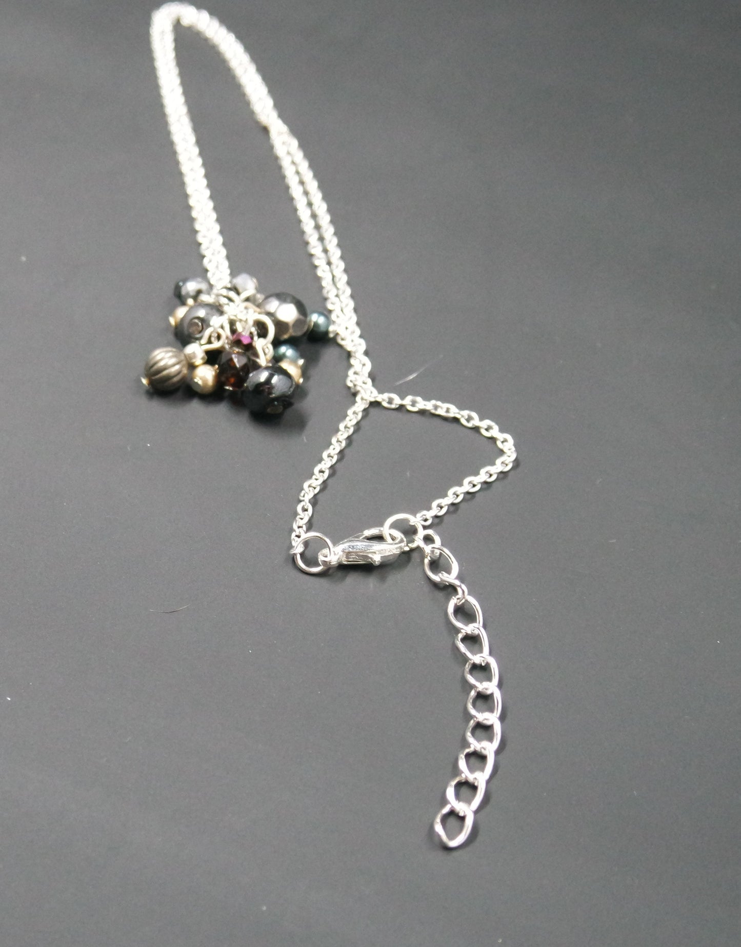 Black Grey Cluster Bead Pendant Silver Chain Necklace