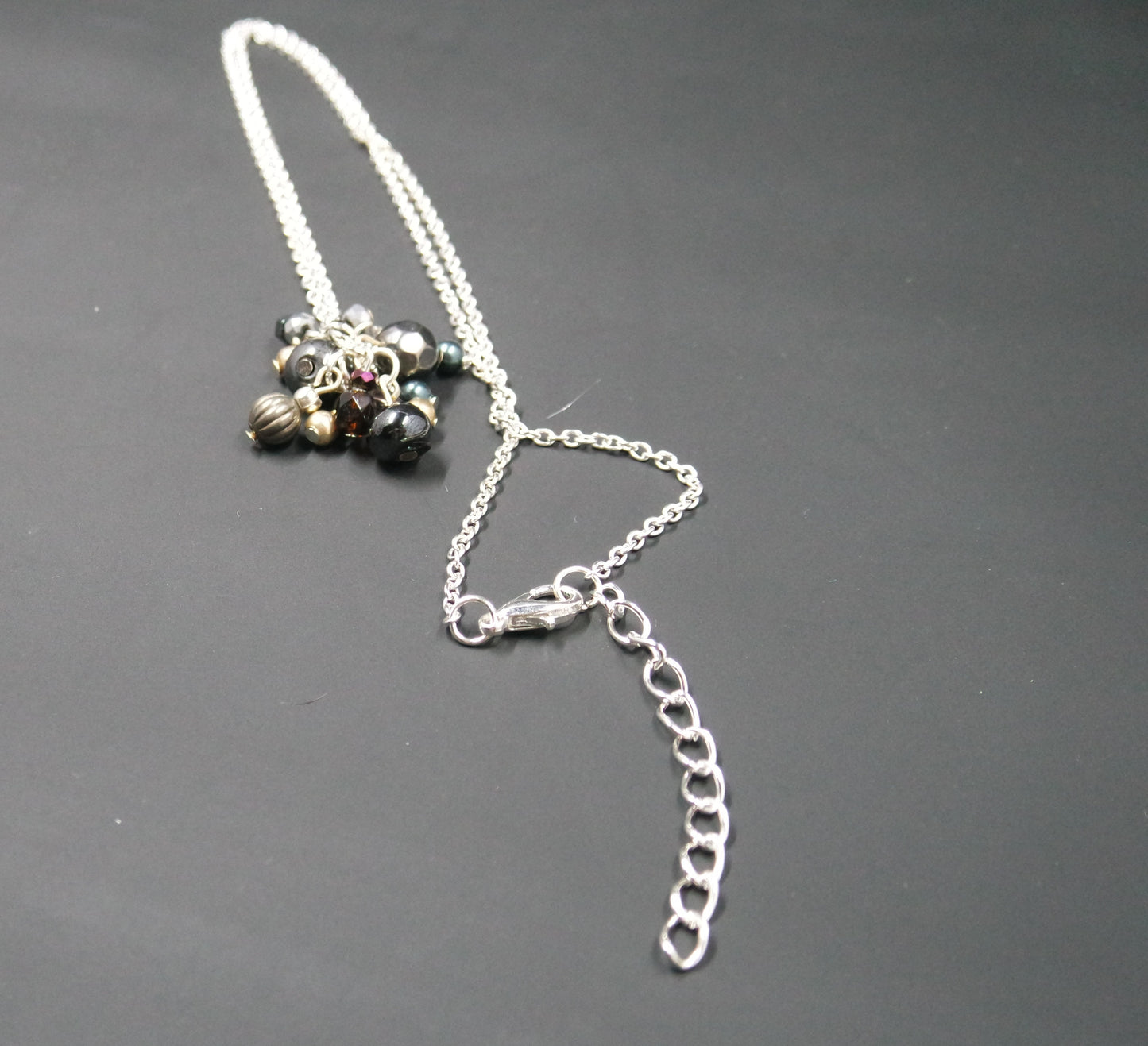 Black Grey Cluster Bead Pendant Silver Chain Necklace