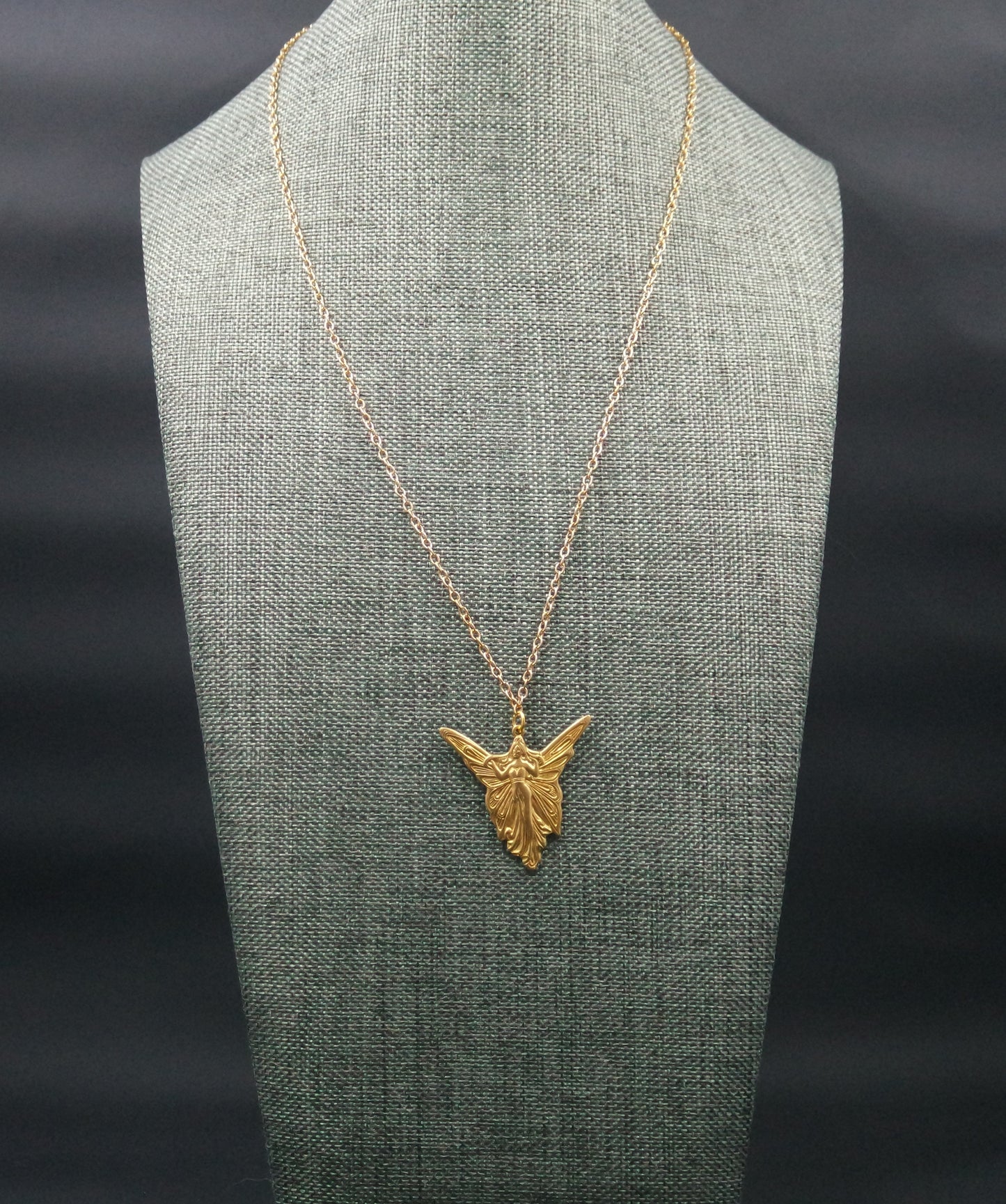 Art Deco Brass Fairy Angel Pendant Gold Oval Chain Necklace Handmade