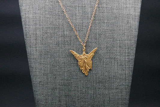 Art Deco Brass Fairy Angel Pendant Gold Oval Chain Necklace Handmade