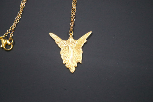 Art Deco Brass Fairy Angel Pendant Gold Oval Chain Necklace Handmade