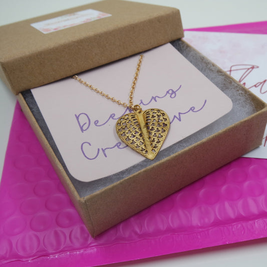 Filigree Valentine Brass Love Heart Pendant Simple Gold Chain Necklace Handmade
