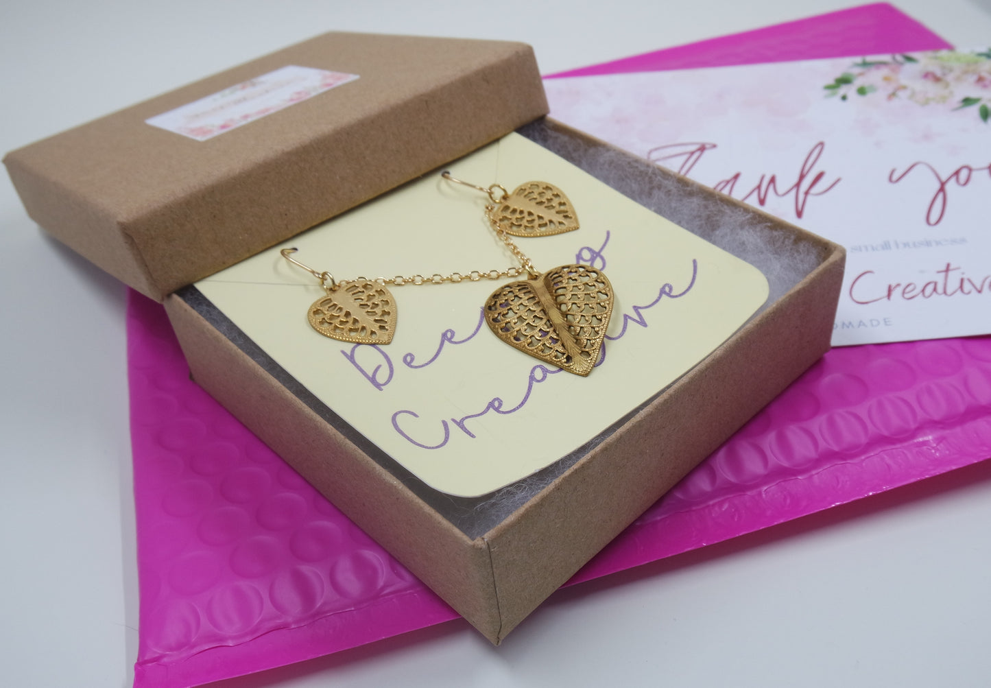Brass Gold Heart filigree Leaf Earrings and Necklace Set