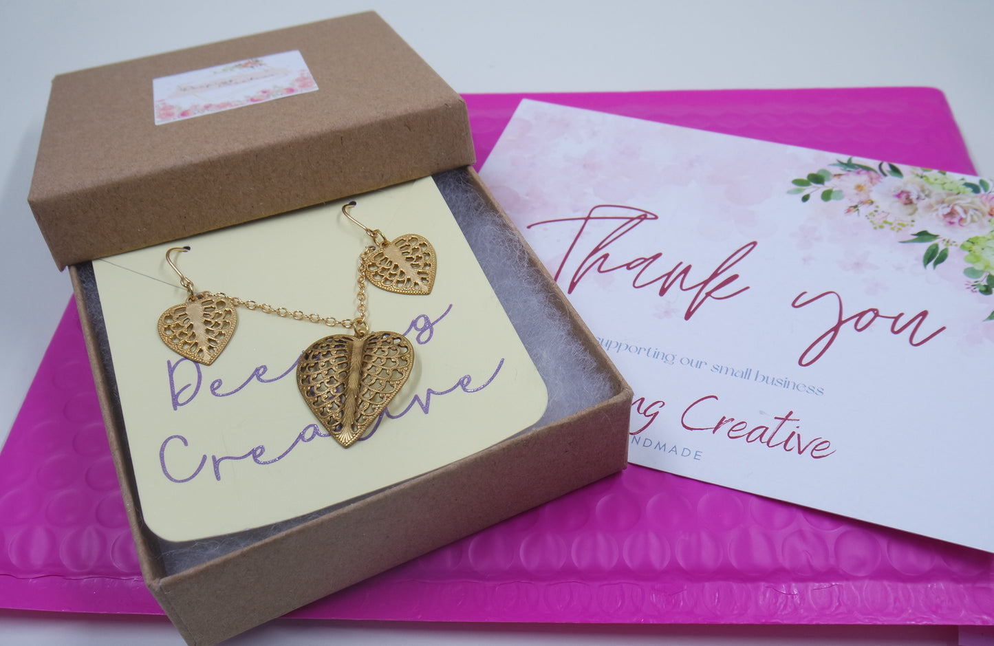 Brass Gold Heart filigree Leaf Earrings and Necklace Set