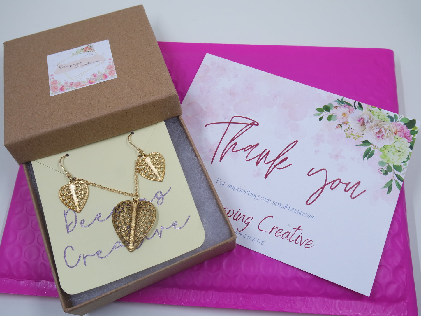Brass Gold Heart filigree Leaf Earrings and Necklace Set