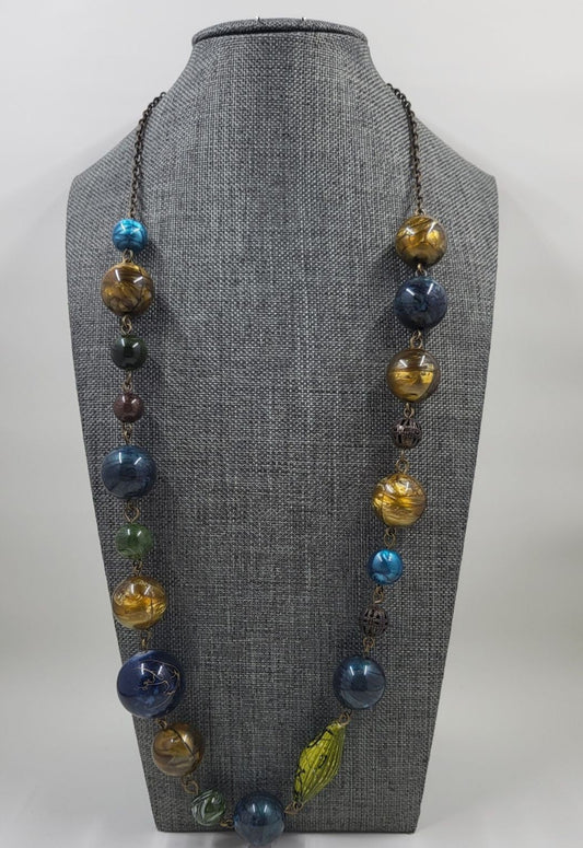 Blue Gold Green Brass Beaded Necklace