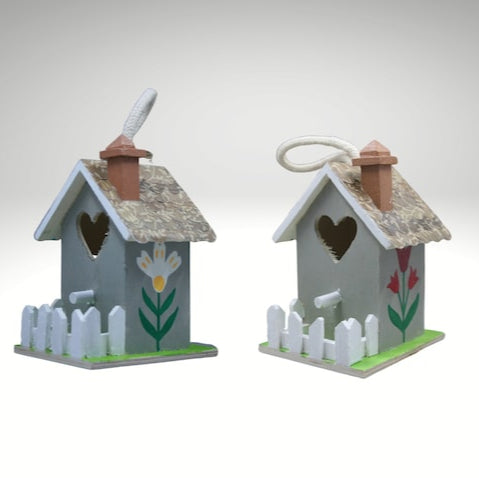 Tiny Miniature Hand-Painted Birdhouse Tulip Daisy - Set of 2