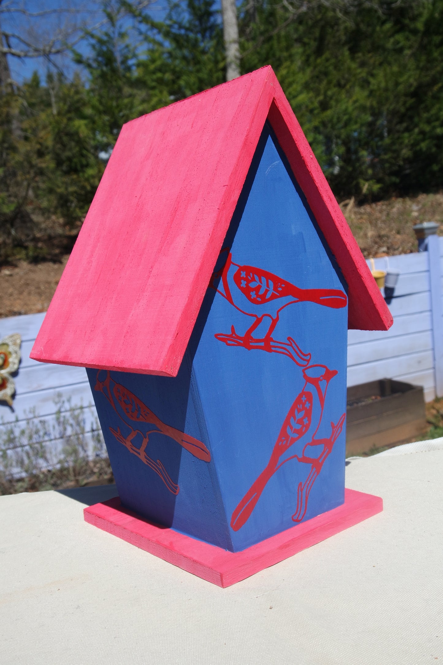 Colorful Painted Decoupage Birdhouse Butterfly Cardinal Hummingbird