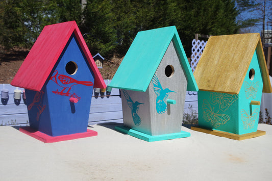 Colorful Painted Decoupage Birdhouse Butterfly Cardinal Hummingbird