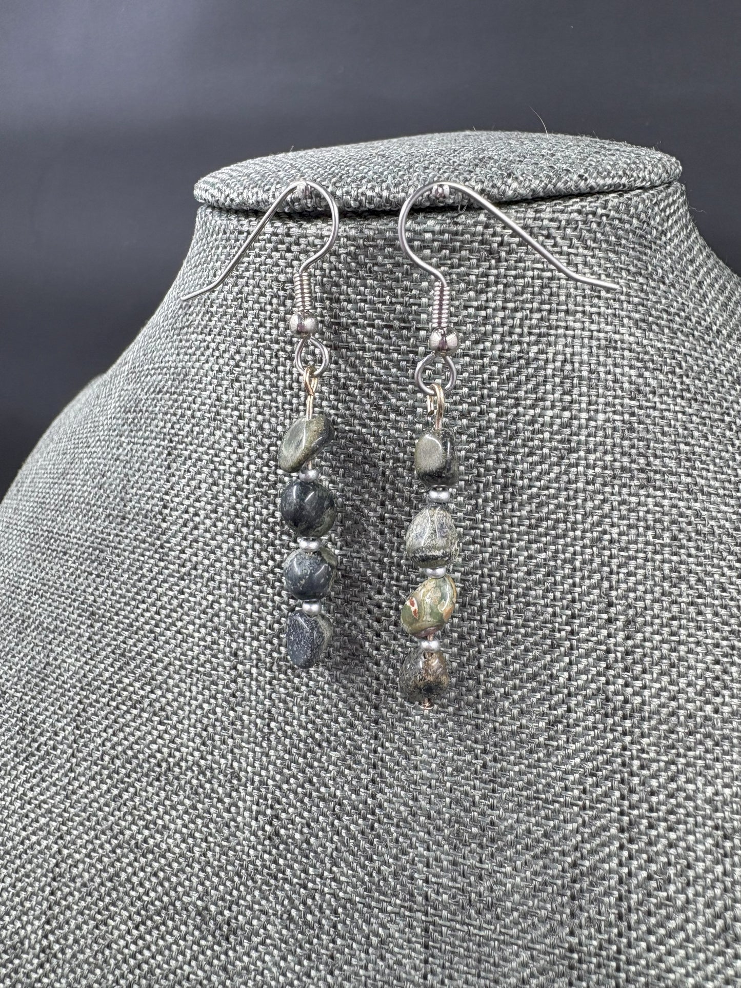 Dark Green Strand Silver Earrings